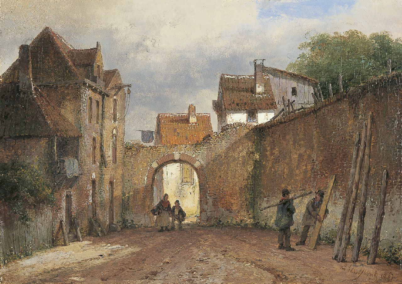 Schelfhout A.  | Andreas Schelfhout, Figures in a town, oil on panel 20.2 x 28.5 cm, signed l.r. and dated 1867