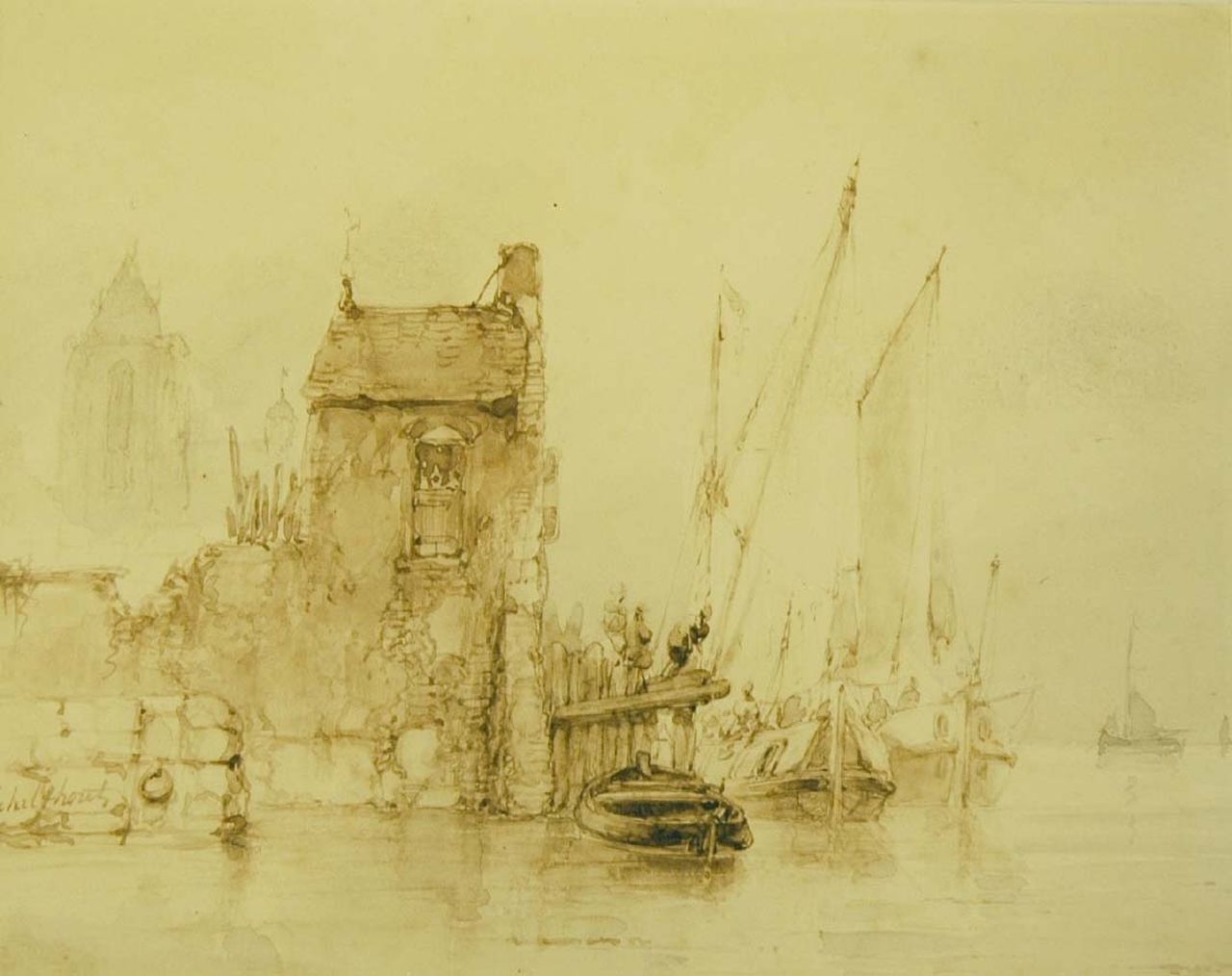 Schelfhout A.  | Andreas Schelfhout, Moored shipping, brush in brown ink on paper 15.0 x 18.5 cm, signed l.l.