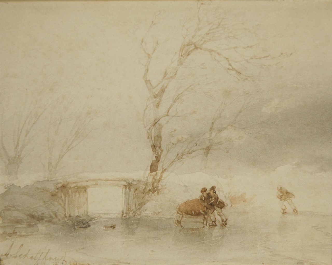 Schelfhout A.  | Andreas Schelfhout, A winter landscape with figures on the ice, brush in grey ink and watercolour on paper 14.5 x 18.5 cm, signed l.l.