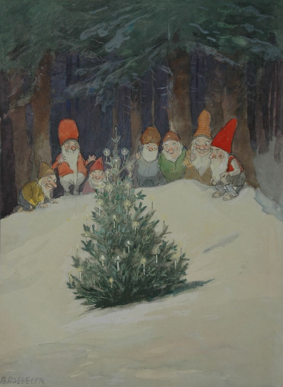 Roeseler A.  | August Roeseler, The seven dwarfs around a Christmas tree, black chalk and watercolour on paper 42.5 x 31.7 cm, signed l.l.