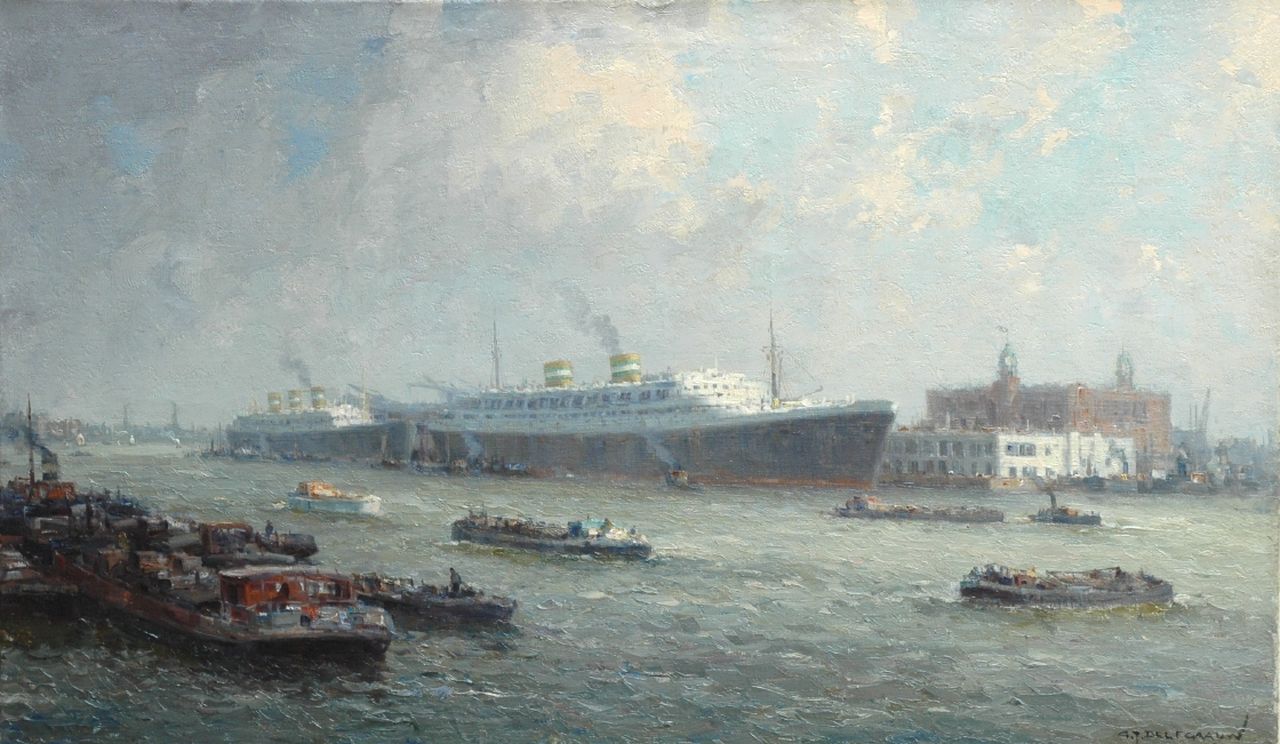 Delfgaauw G.J.  | Gerardus Johannes 'Gerard' Delfgaauw, The 'Holland Amerika Lijn', oil on canvas 59.8 x 100.0 cm, signed l.r.