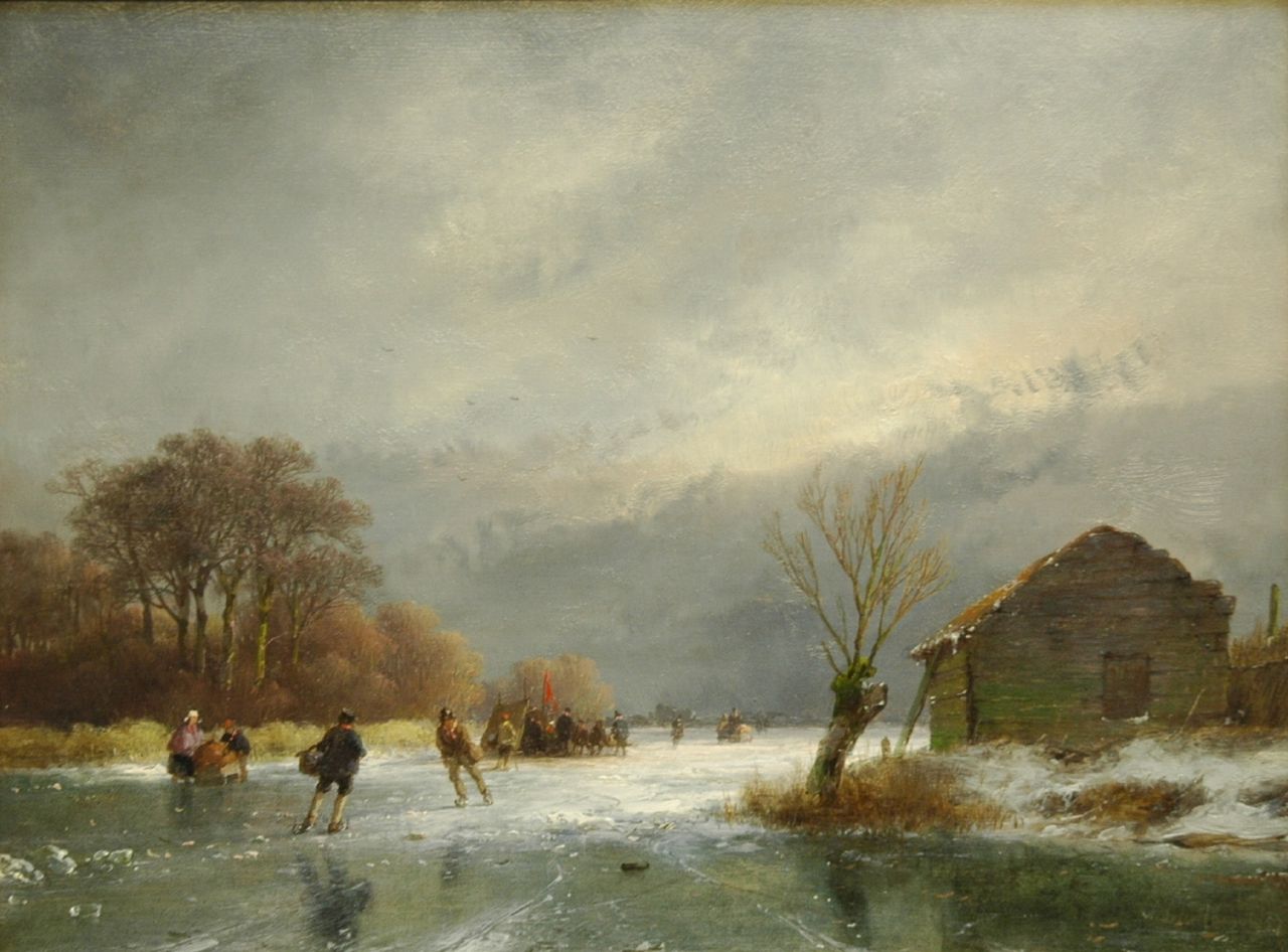 Schelfhout A.  | Andreas Schelfhout, A frozen river with skaters and a 'koek-en-zopie', oil on panel 21.8 x 29.0 cm, signed l.r. and dated '57