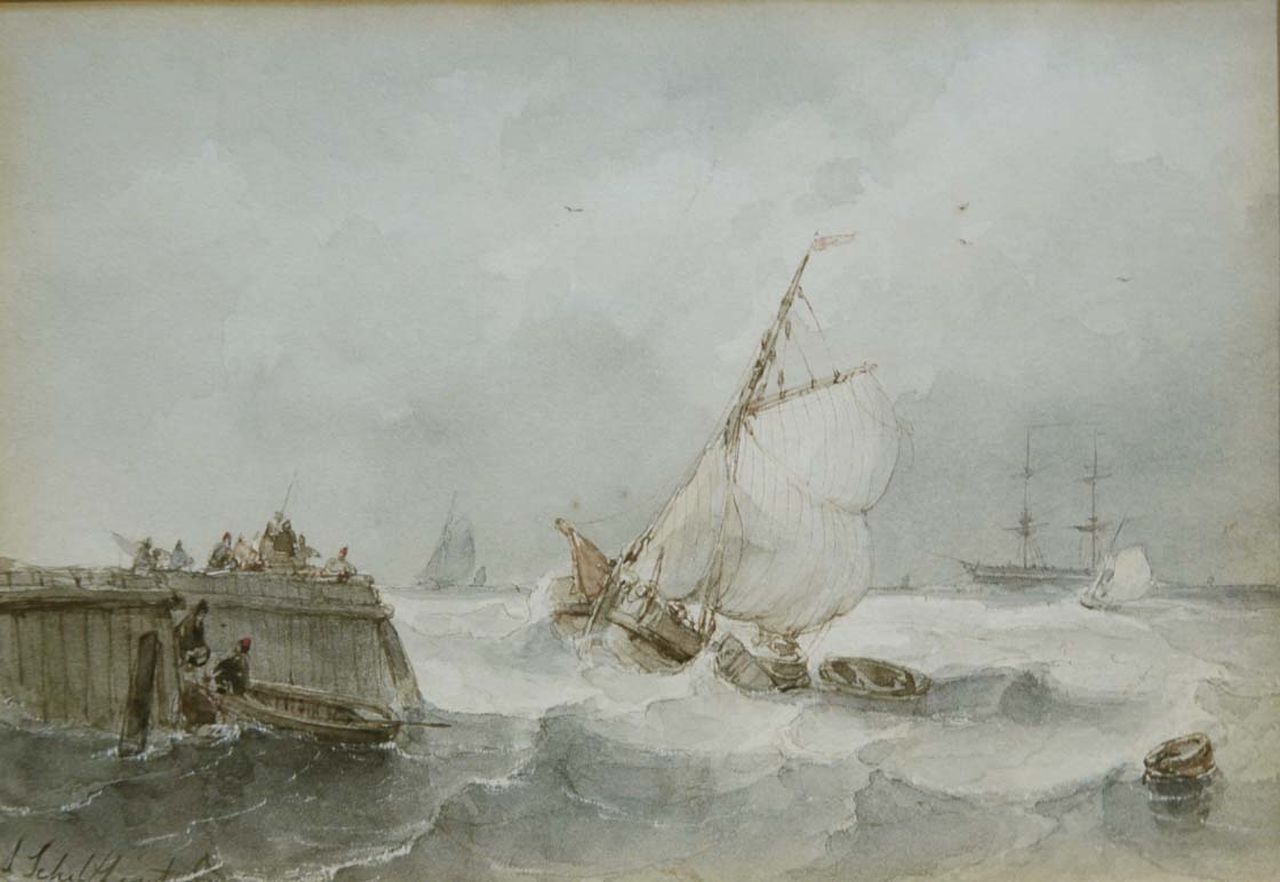 Schelfhout A.  | Andreas Schelfhout, Flatboat by a jetty, brush in brown and grey ink and watercolour on paper 12.0 x 16.8 cm, signed l.l.
