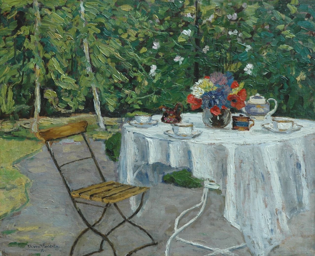 Ulrich von Uechtritz-Steinkirch | Unser Kaffeetisch!: coffee in the garden, oil on canvas laid down on board, 42.2 x 51.9 cm, signed l.l.