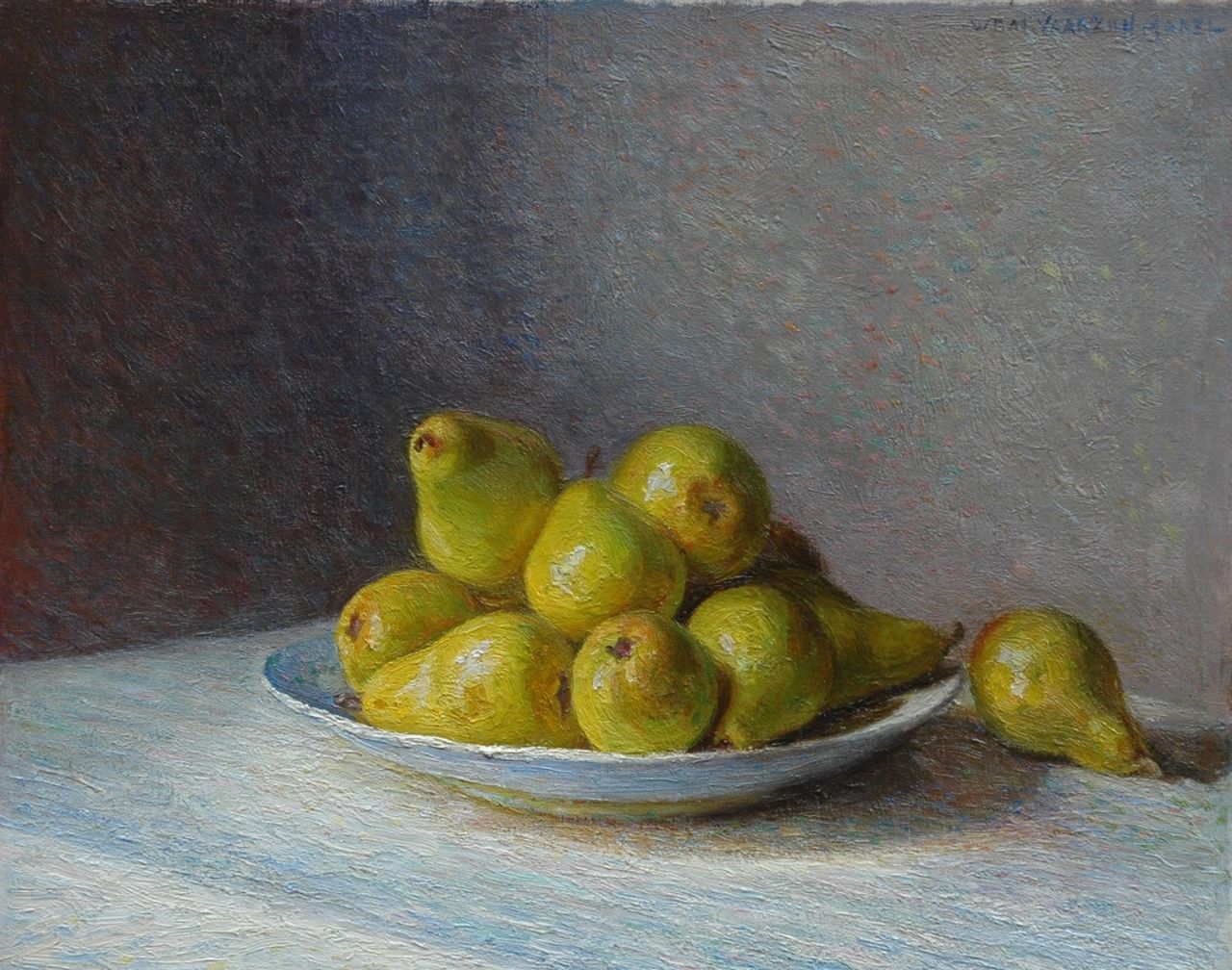 Vaarzon Morel W.F.A.I.  | Wilhelm Ferdinand Abraham Isaac 'Willem' Vaarzon Morel, Pears on a earthenware plate, oil on canvas 40.0 x 50.1 cm, signed u.r.
