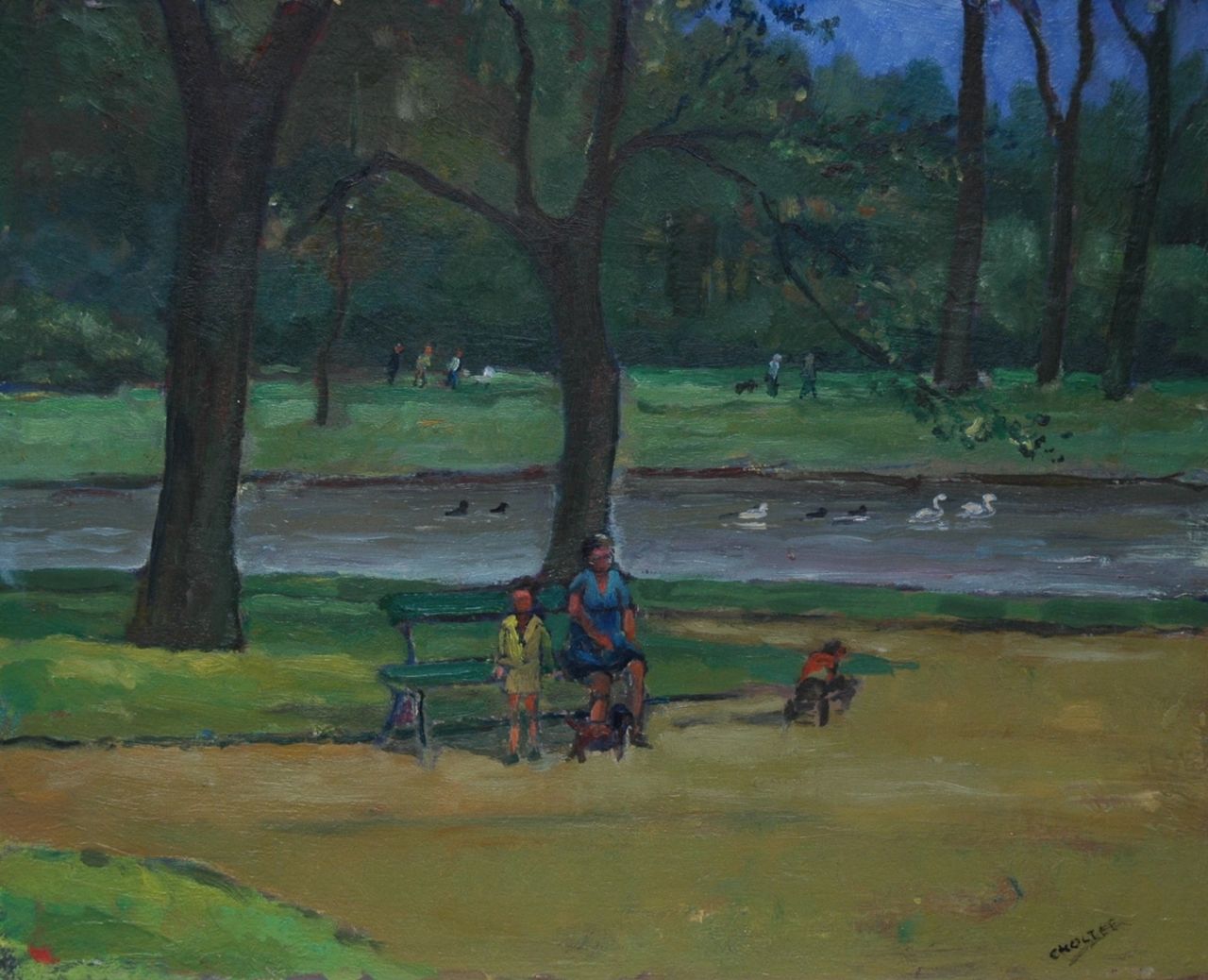 Noltee B.C.  | Bernardus Cornelis 'Cor' Noltee, Mother with children in a park, oil on painter's board 38.1 x 47.0 cm, signed l.r.