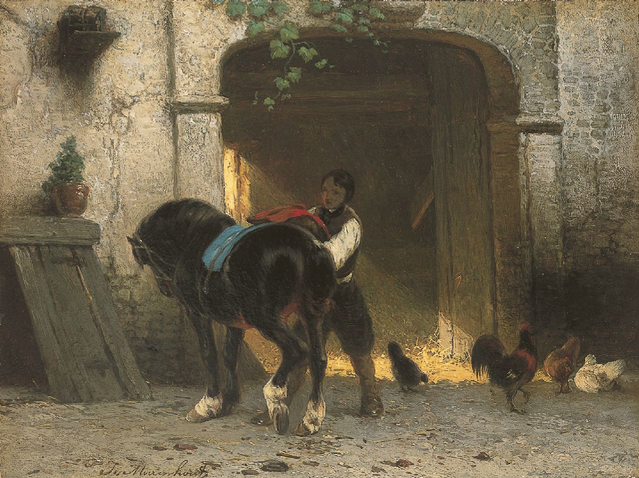 Moerenhout J.J.  | Josephus Jodocus 'Joseph' Moerenhout, Saddling the horse, oil on panel 22.7 x 30.5 cm, signed l.l.