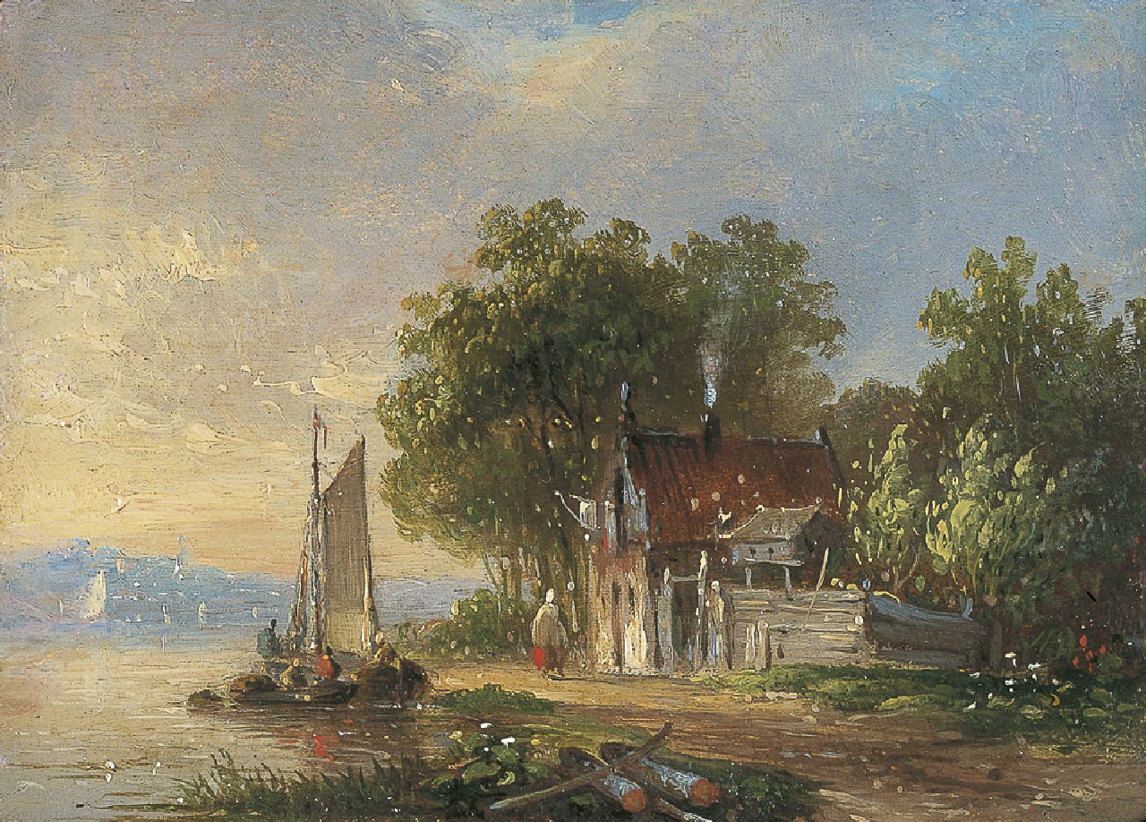 Stok J. van der | Jacobus van der Stok, Moored boat in a river landscape, oil on panel 8.5 x 11.9 cm