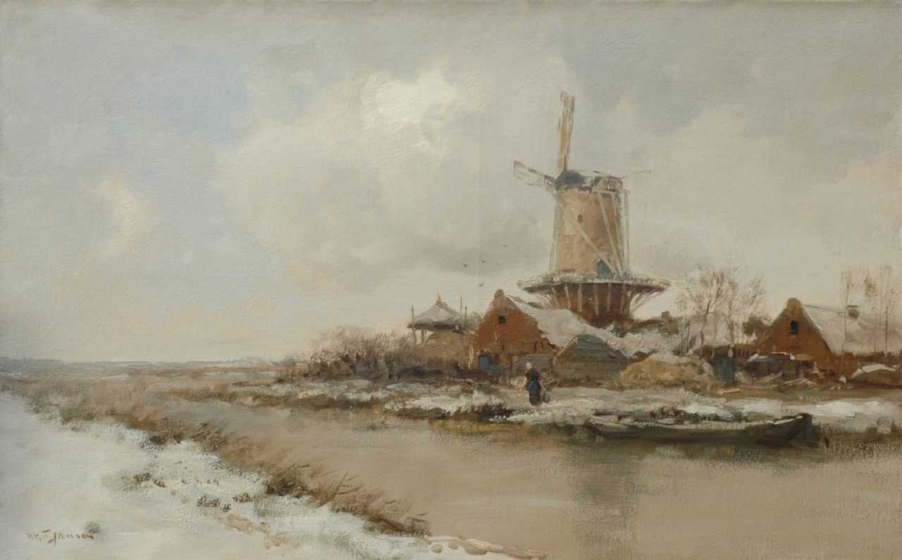 Jansen W.G.F.  | 'Willem' George Frederik Jansen, A tower mill in a polder landscape, oil on canvas 63.8 x 101.7 cm, signed l.l.