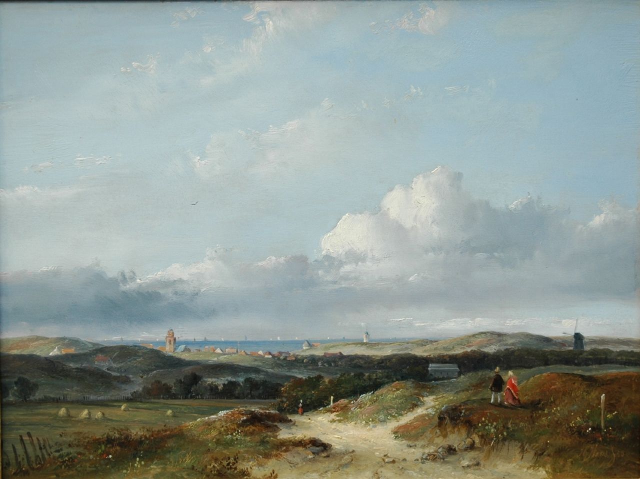 Hans J.G.  | Josephus Gerardus Hans, A panoramic dune landscape with 'Katwijk aan Zee' in the distance, oil on panel 25.1 x 33.5 cm, signed l.r. and dated '50