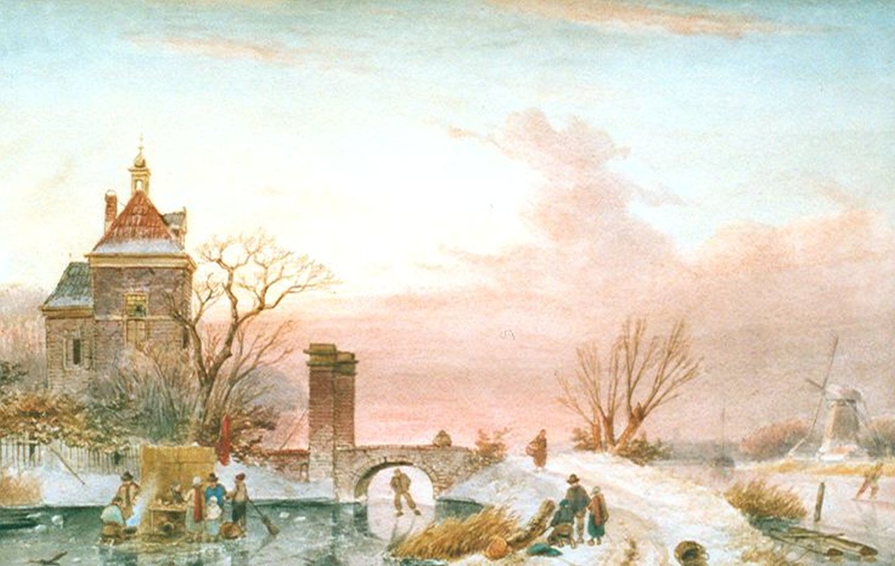 Leickert C.H.J.  | 'Charles' Henri Joseph Leickert, Skaters on a frozen river by a tower, watercolour on paper 30.8 x 48.8 cm, signed l.r.
