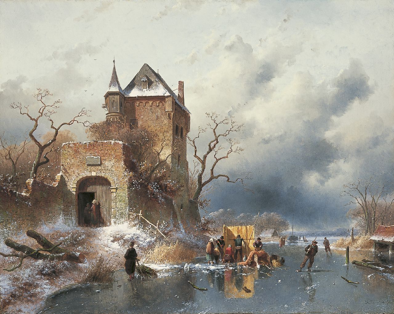 Leickert C.H.J.  | 'Charles' Henri Joseph Leickert, A winter landscape with figures on the ice, oil on canvas 58.7 x 73.3 cm, signed l.r. and dated '63