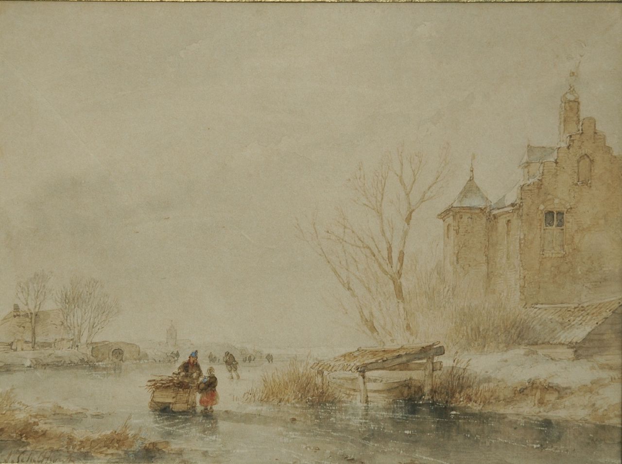 Schelfhout A.  | Andreas Schelfhout, Skaters on the ice by a fortified building, sepia and watercolour on paper 20.0 x 27.0 cm, signed l.l.