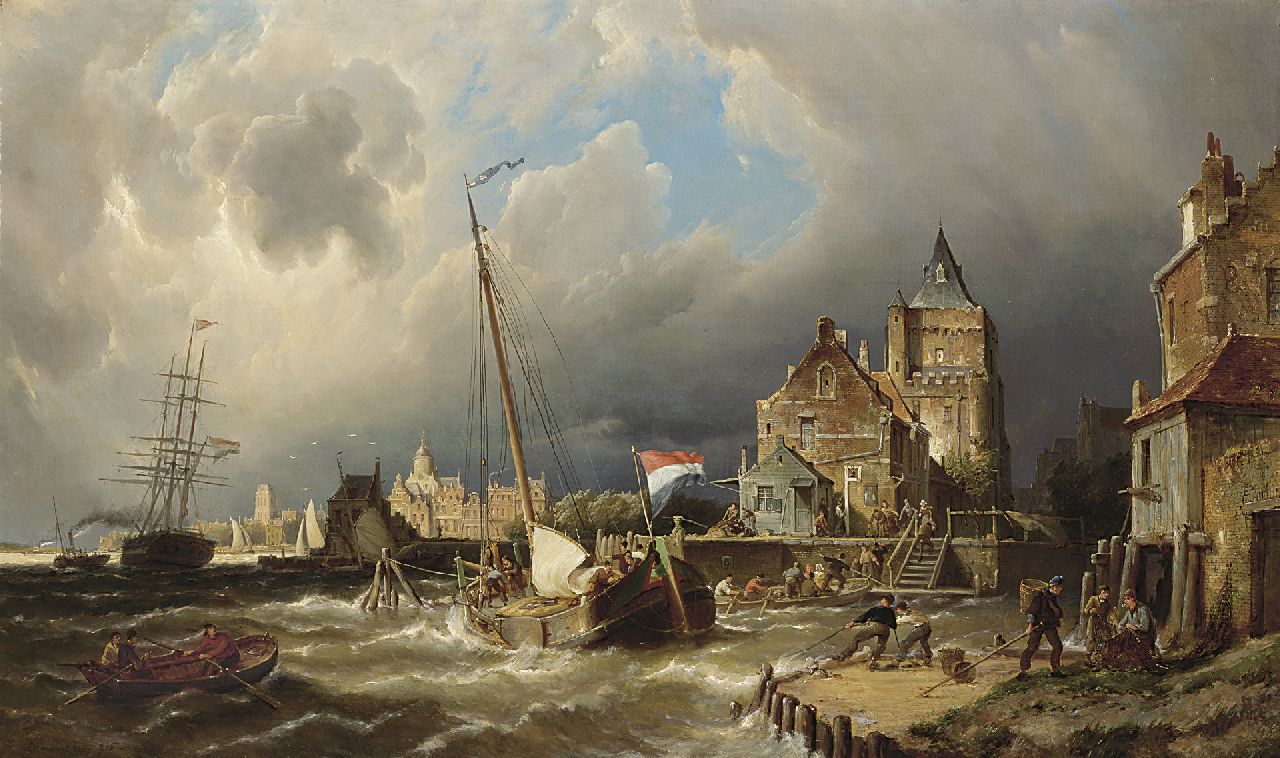 Dommershuijzen P.C.  | Pieter Cornelis Dommershuijzen, The dock entrance of Dordrecht, oil on canvas 75.3 x 127.0 cm, signed l.l. and dated 1885
