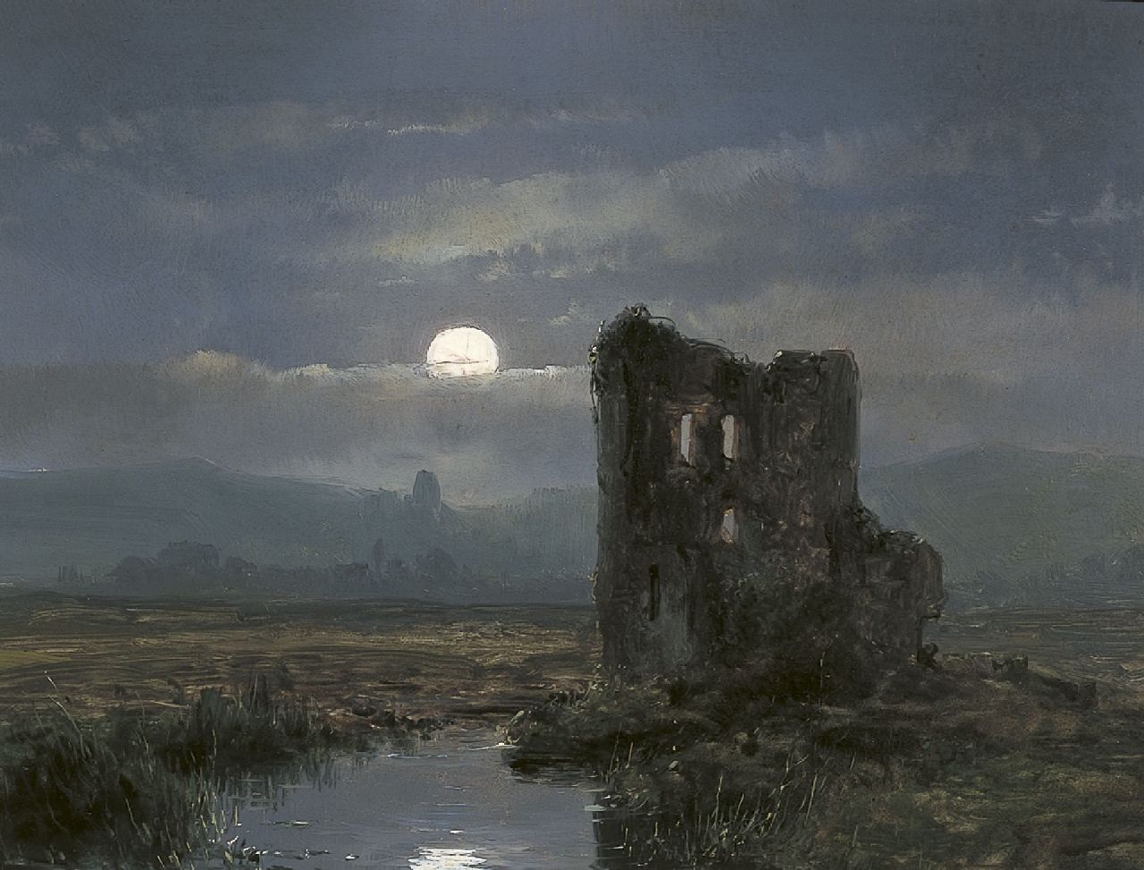 Schelfhout A.  | Andreas Schelfhout, A ruin in a moonlit landscape, oil on panel 17.3 x 22.0 cm, dated 1854 on the reverse