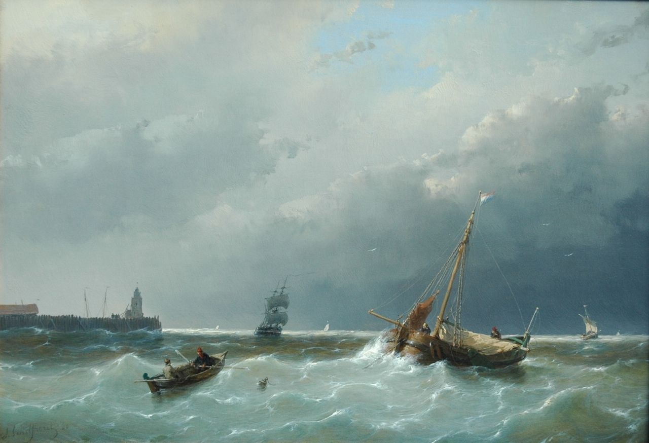 Schelfhout A.  | Andreas Schelfhout, Shipping in stormy waters, oil on panel 30.6 x 44.1 cm, signed l.l. and dated '60