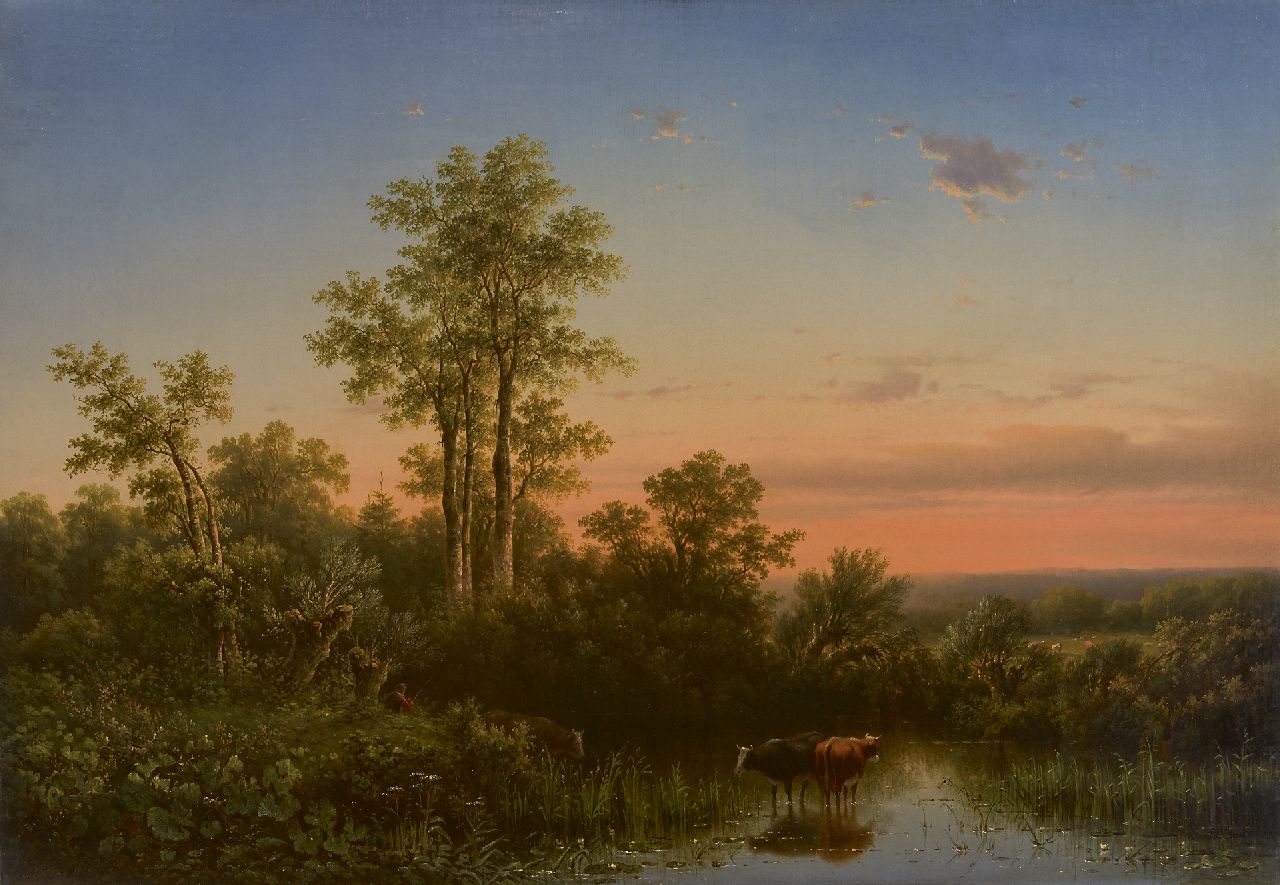 Jacobus Sörensen | Drinking cattle at sunset, oil on canvas, 69.1 x 99.8 cm, signed l.l. and painted 1855