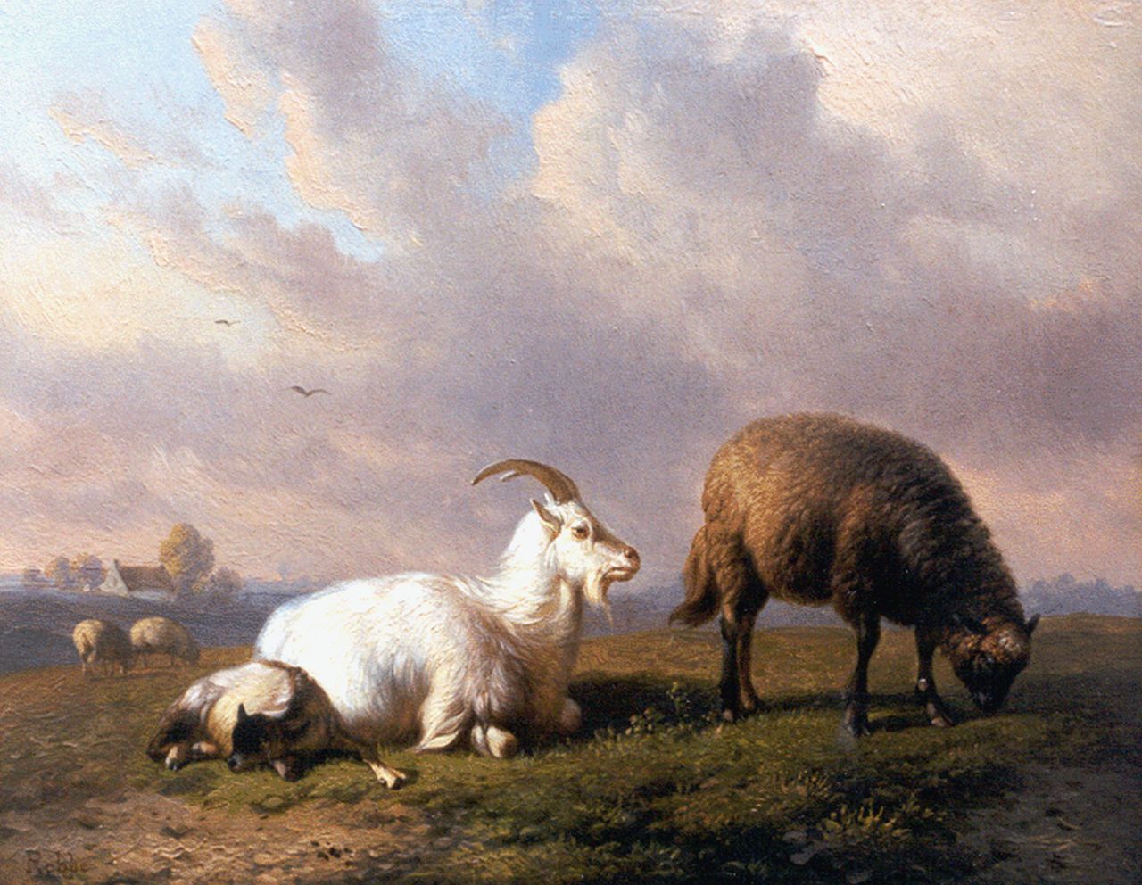 Robbe L.M.D.R.  | Louis Marie Dominique Romain Robbe, A goat, a sheep and a lamb in a landscape, oil on panel 16.1 x 20.5 cm, signed l.l.