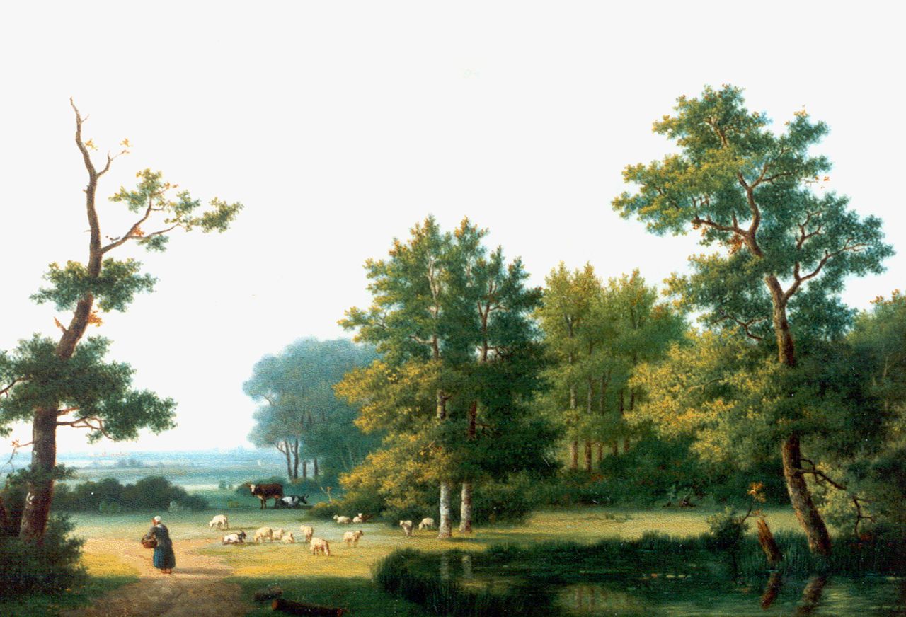 Koekkoek P.H.  | Pieter Hendrik 'H.P.' Koekkoek, Landscape with peasant woman and cattle, oil on panel 20.3 x 28.3 cm, signed l.l.