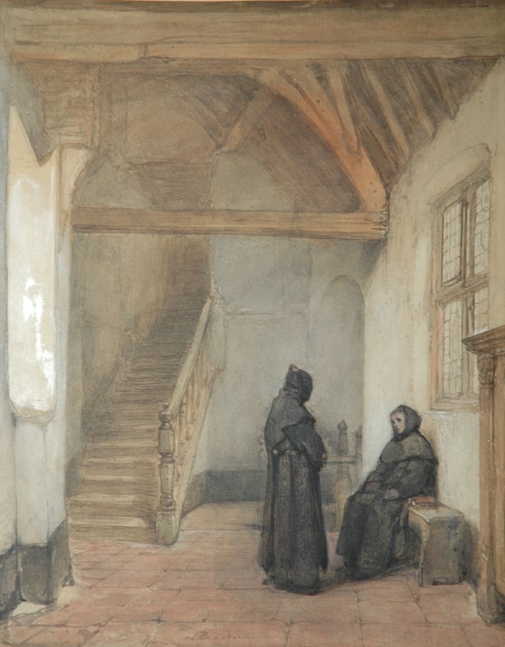 Bosboom J.  | Johannes Bosboom, In the convent in Boxmeer, brush in black ink and watercolour on paper 45.0 x 36.8 cm, signed l.c.