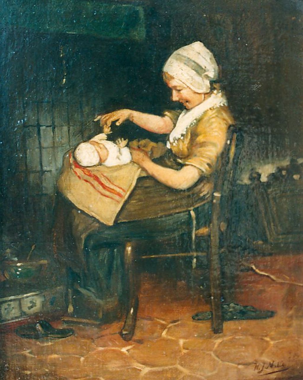 Mélis H.J.  | Henricus Joannes Mélis, The baby-sit, oil on canvas 34.5 x 28.5 cm, signed l.l.