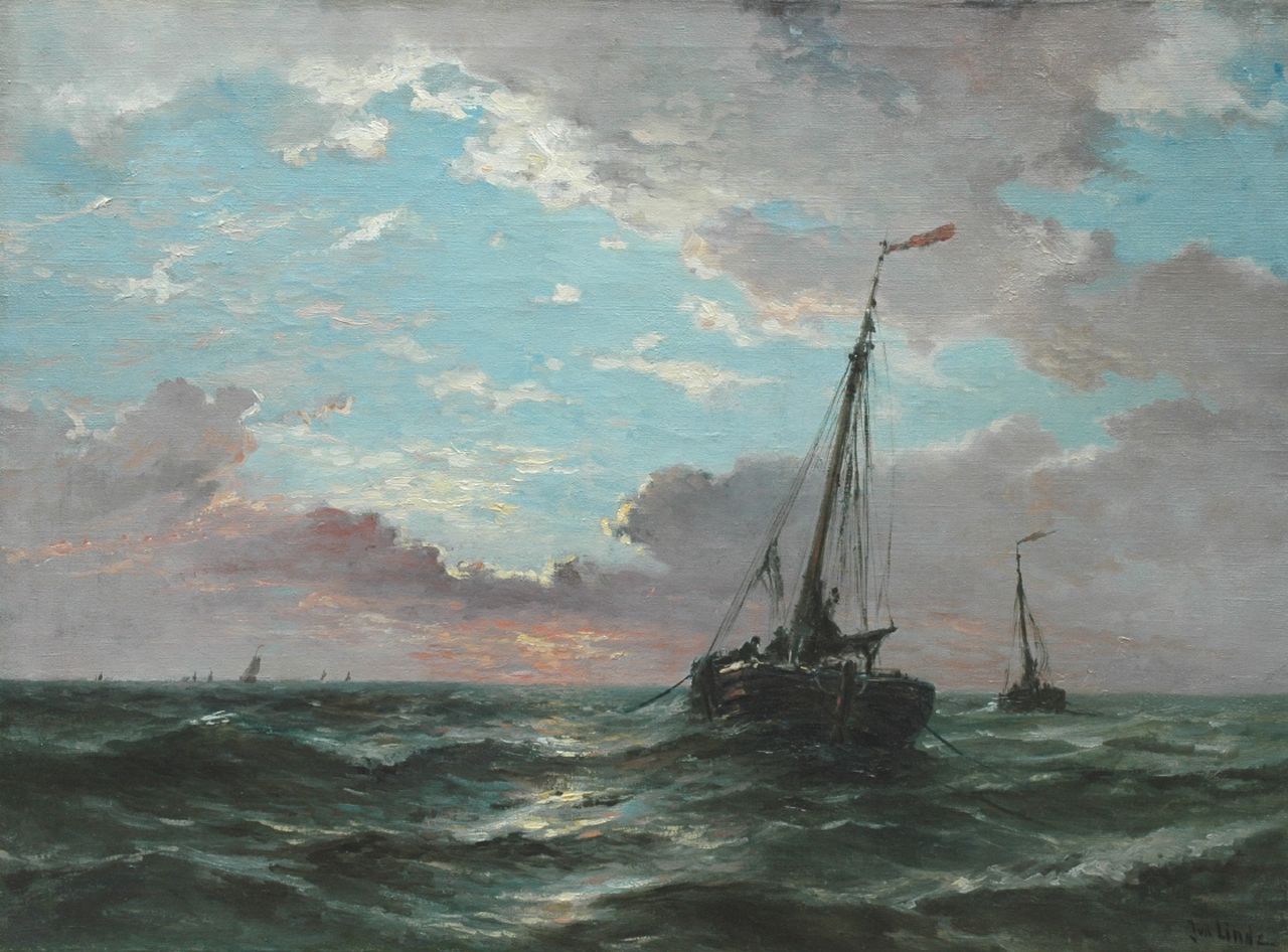 Linde J. van der | Jan van der Linde, Two sailing boats at sea, oil on canvas 74.6 x 100.8 cm, signed l.r.