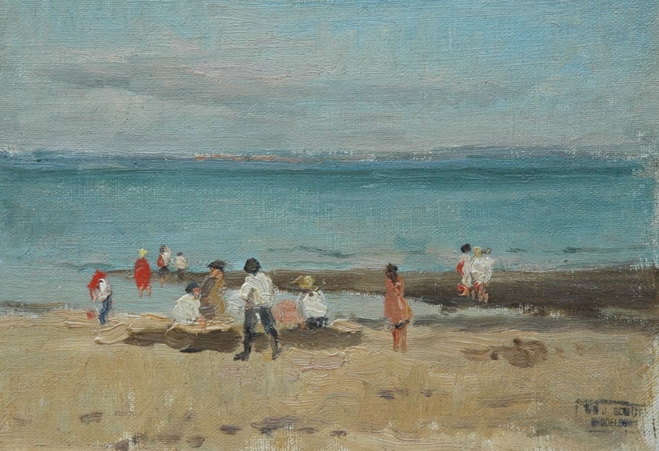 Schütz W.J.  | Willem Johannes Schütz, Children playing on the beach, oil on canvas 18.0 x 25.7 cm