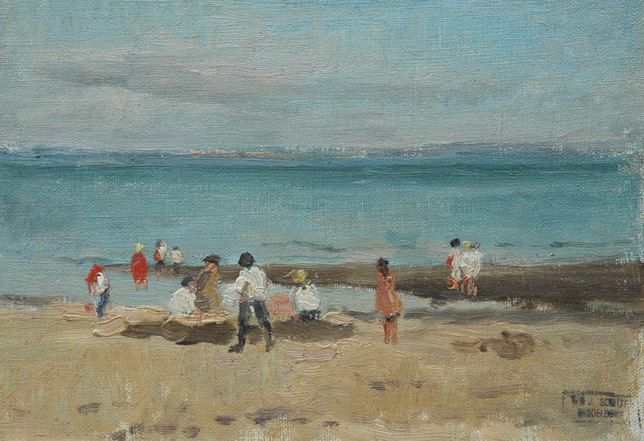 Schütz W.J.  | Willem Johannes Schütz, Children playing on the beach, oil on canvas 18.0 x 25.7 cm