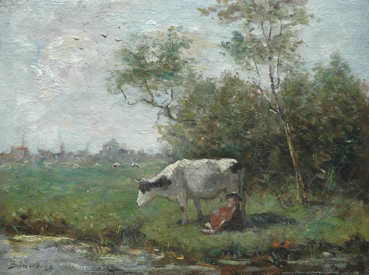 Hoog J.B. de | Johan 'Bernard' de Hoog, Cow and calf in a meadow, oil on canvas 25.8 x 34.4 cm, signed l.l.