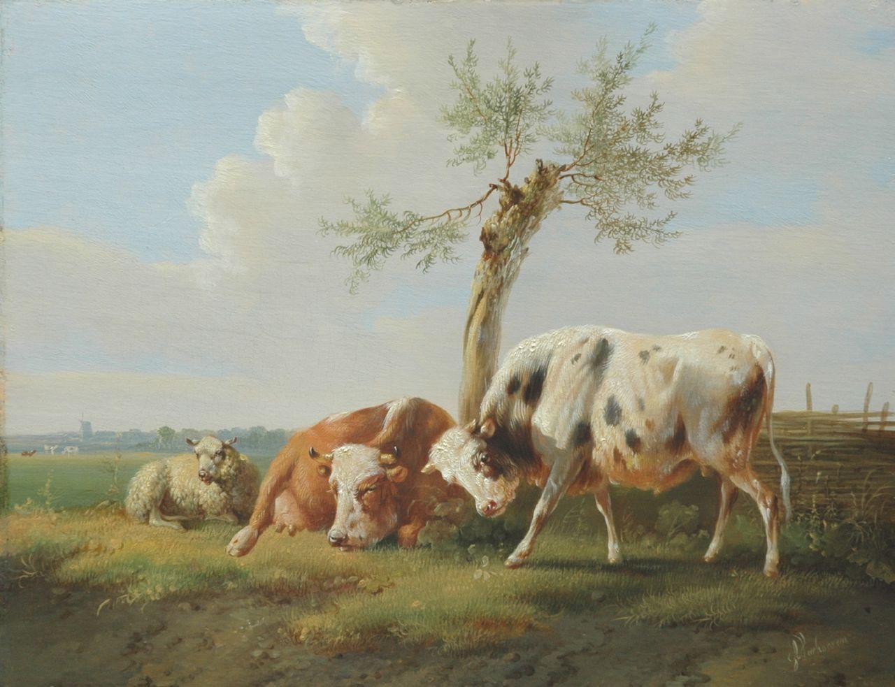 Verhoesen A.  | Albertus Verhoesen, A bull, a cow and a sheep in a summer landscape, oil on panel 24.5 x 31.9 cm, signed l.r.