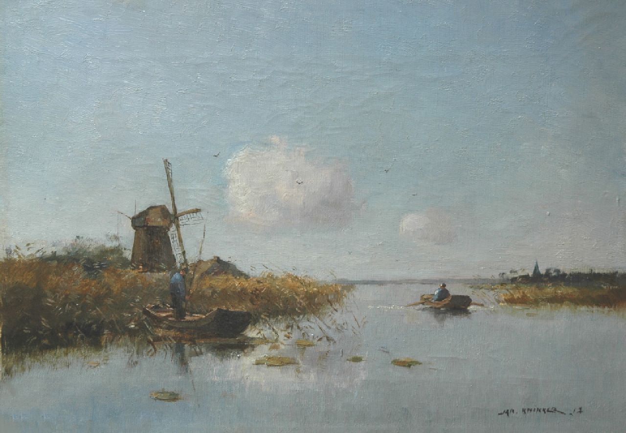 Knikker sr. J.S.  | 'Jan' Simon Knikker sr., Anglers and boats on a polder pond, oil on canvas 30.2 x 43.5 cm, signed l.r.