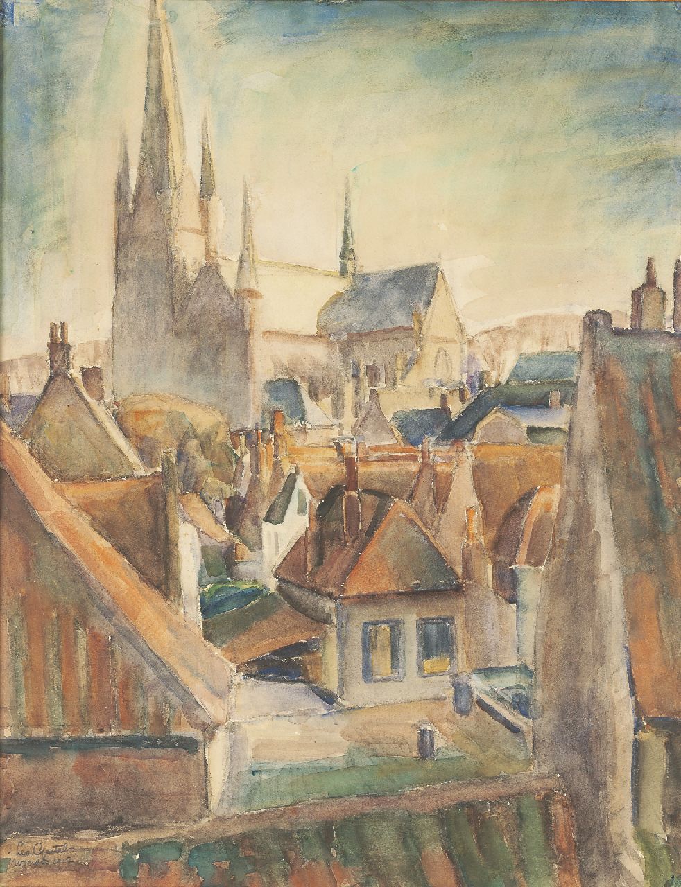Gestel L.  | Leendert 'Leo' Gestel, A view of Woerden, watercolour on paper 65.5 x 50.0 cm, signed l.l. and dated 'Woerden 1917'