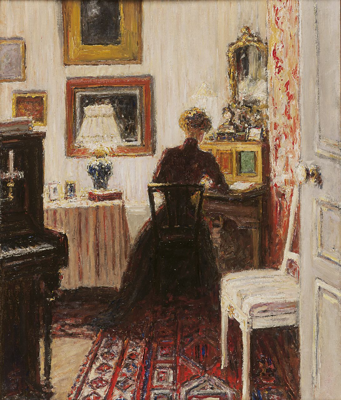 Storm van 's-Gravesande C.N.  | Carel Nicolaas Storm van 's-Gravesande, Interior with Lily Clifford, Paris, oil on painter's board 54.9 x 45.9 cm, signed l.l. with monogram and dated Nov. 5th 1907 on the reverse