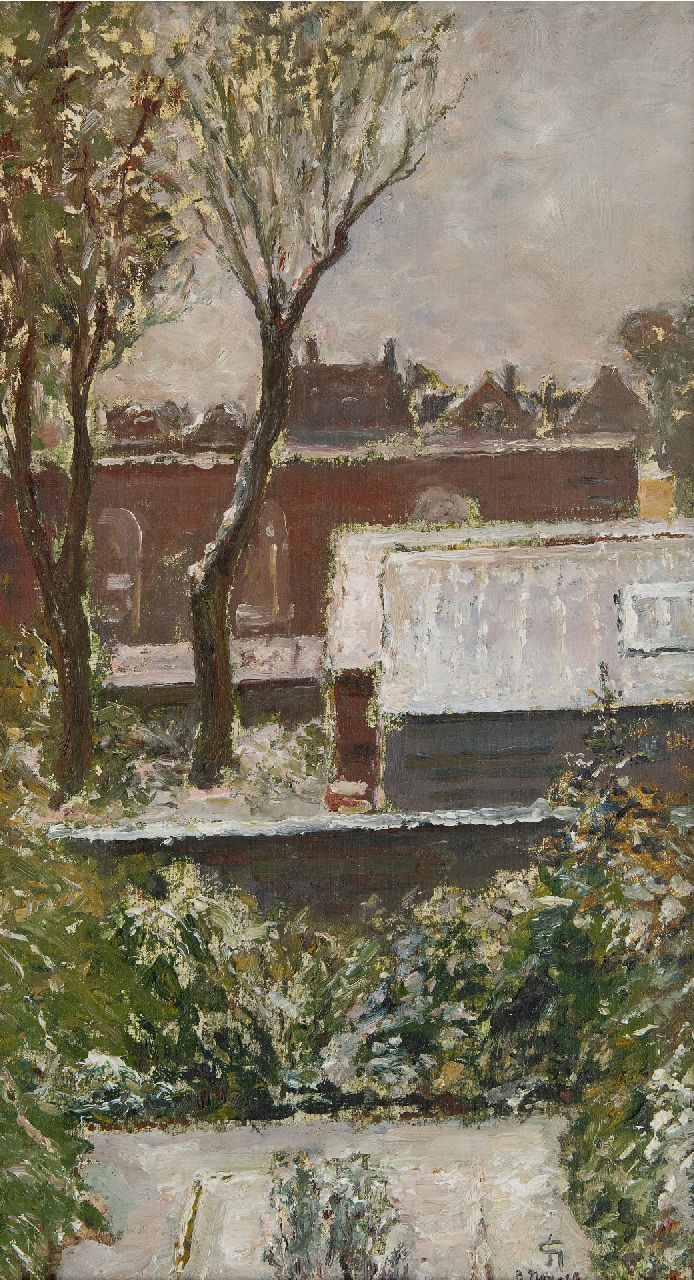 Carel Nicolaas Storm van 's-Gravesande | A view on roofs and gardens, oil on canvas laid down on board, 45.6 x 25.0 cm, signed l.r. with monogram and dated 3 nov. 19 (1919)