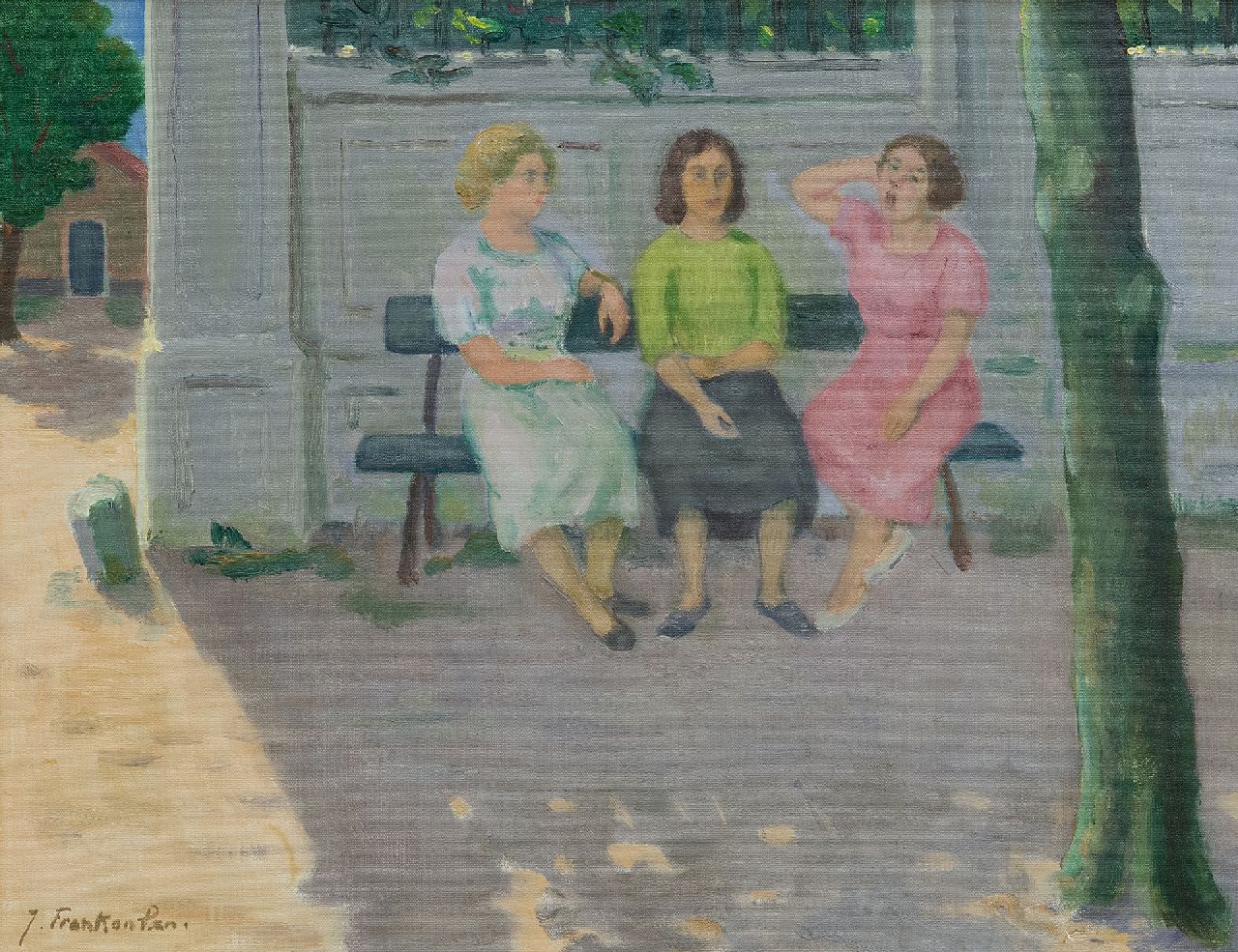 Franken J.P.J.  | Joannes Petrus Josephus 'Jan' Franken, Three women on a bench, oil on canvas 35.4 x 45.2 cm, signed l.l.