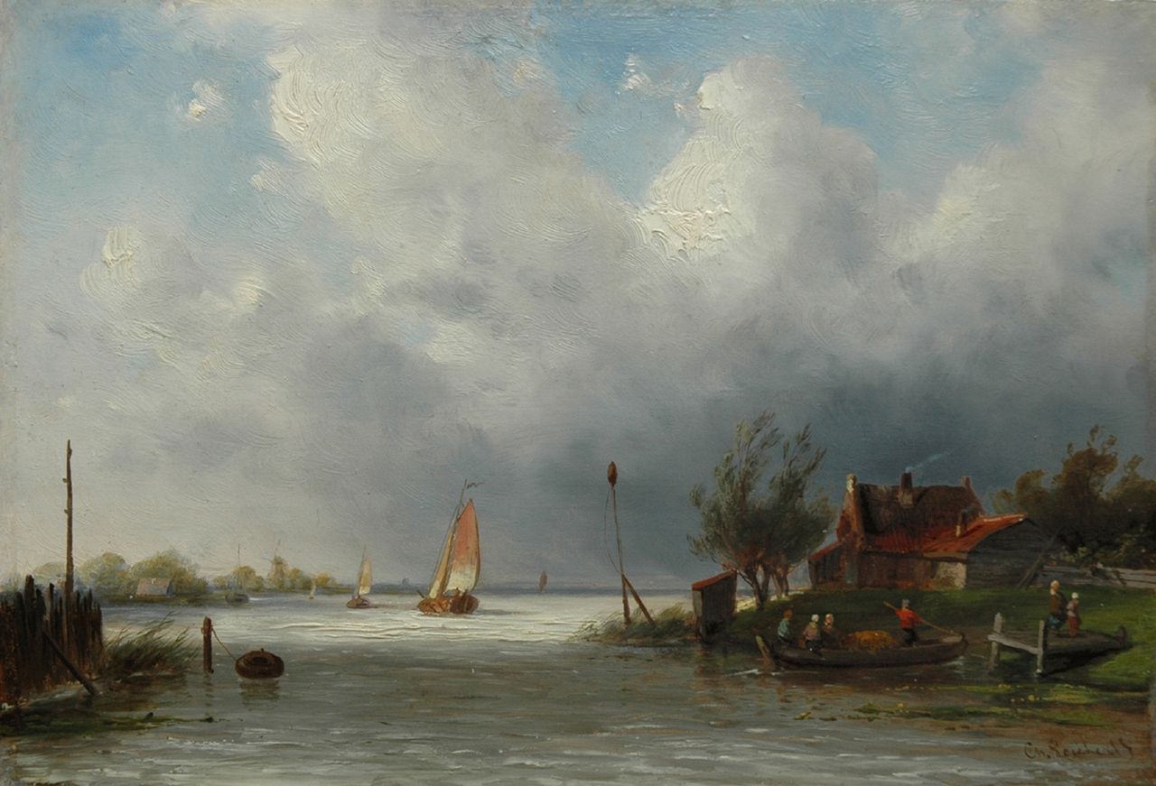 Leickert C.H.J.  | 'Charles' Henri Joseph Leickert, A river with ferry, oil on panel 18.6 x 27.0 cm, signed l.r.