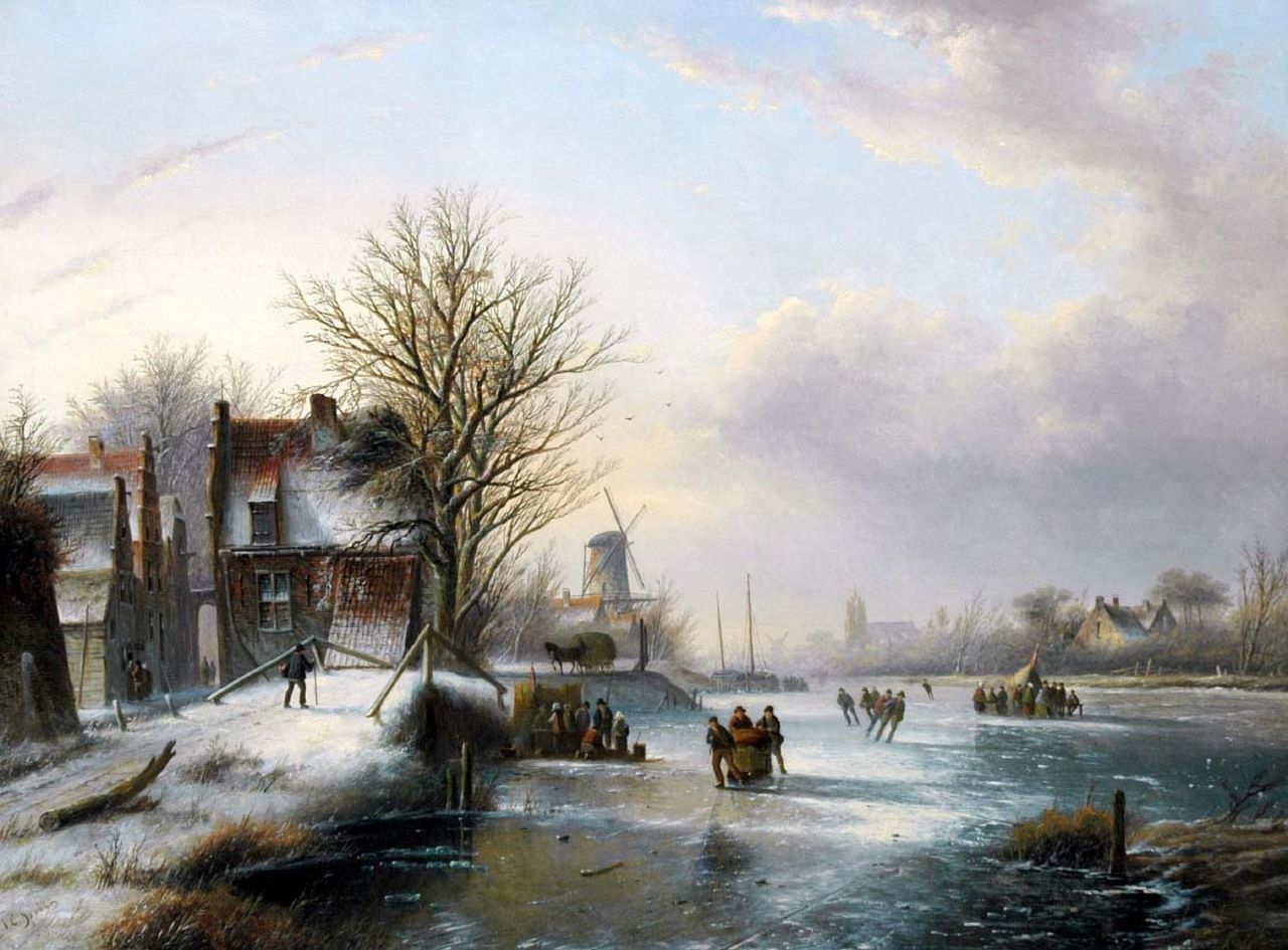 Spohler J.J.C.  | Jacob Jan Coenraad Spohler, Skaters on a frozen waterway, oil on canvas 57.9 x 77.3 cm, signed l.l.