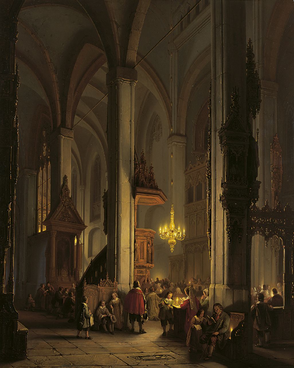 Haanen G.G.  | George Gillis Haanen, Evening Service in a Gothic Church, oil on panel 74.9 x 60.2 cm, signed l.l.