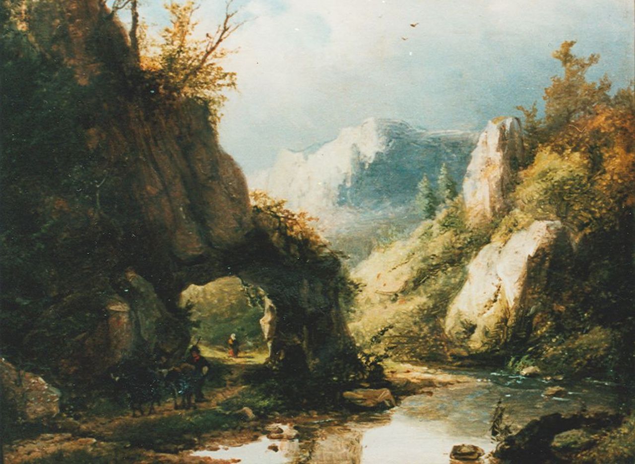 Klombeck J.B.  | Johann Bernard Klombeck, Travellers in a mountainous landscape, oil on panel 16.2 x 19.9 cm, signed l.l.