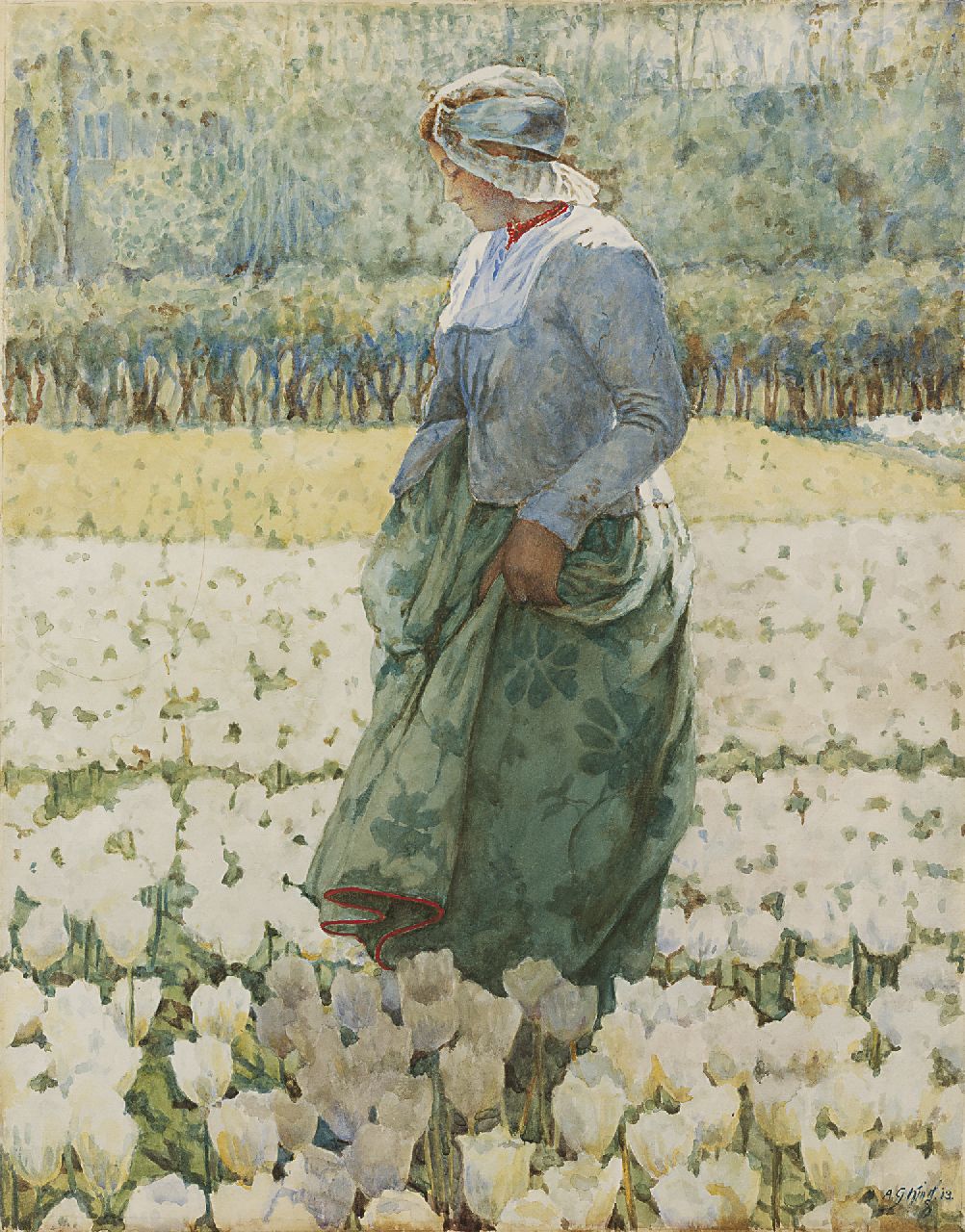 King A.G.  | Agnes Gardner King, Picking tulips, watercolour on paper 47.4 x 37.3 cm, signed l.r. and dated '13
