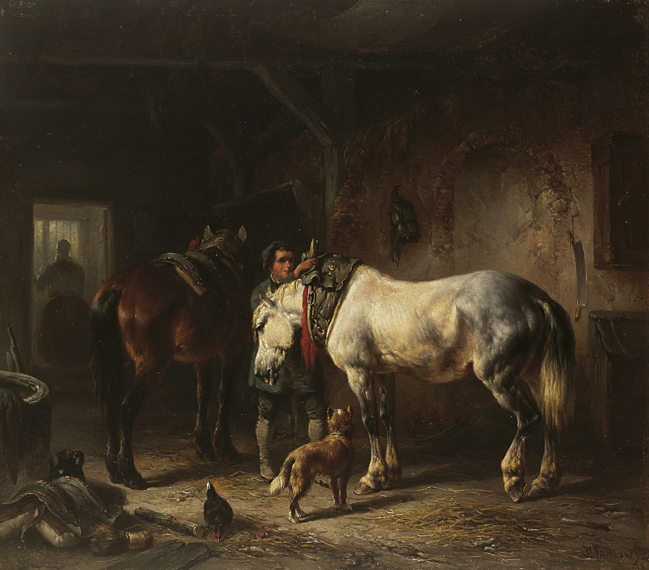Verschuur W.  | Wouterus Verschuur, Saddling the horses, oil on panel 29.6 x 34.0 cm, signed l.r.