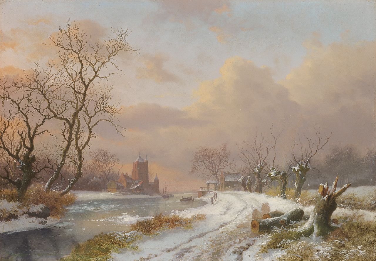 Kruseman F.M.  | Frederik Marinus Kruseman, Wide river angle in winter, oil on panel 27.9 x 40.2 cm