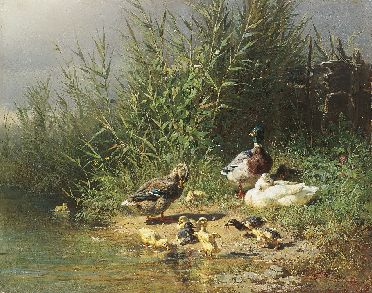 Carl Jutz | Family of ducks on a river bank, oil on painter's board, 22.8 x 29.0 cm, signed l.r. and dated 'München 1863'