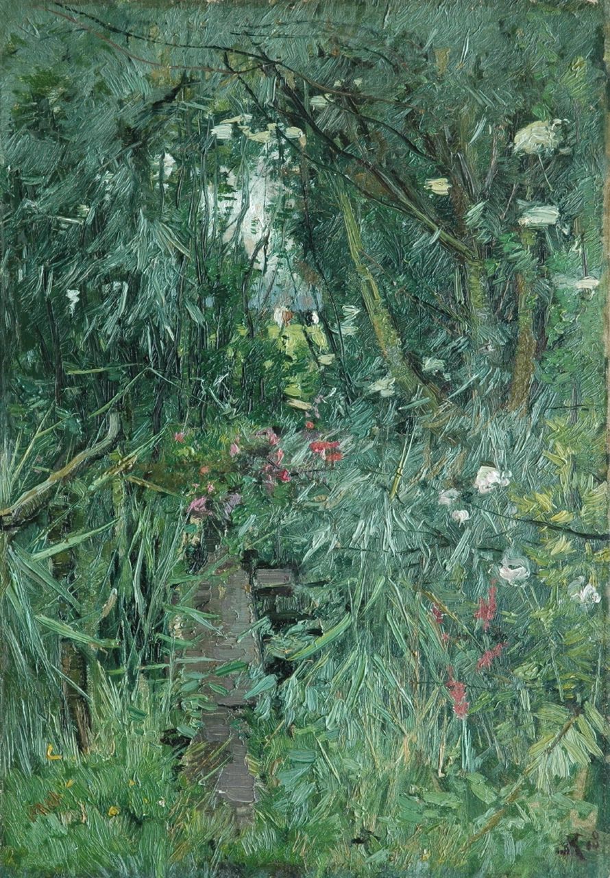 Kuijpers J.C.E.  | 'Johan' Cornelis Eliza Kuijpers, A wooded garden with vista, oil on canvas laid down on panel 55.1 x 39.2 cm, signed l.r. with intial and dated '18