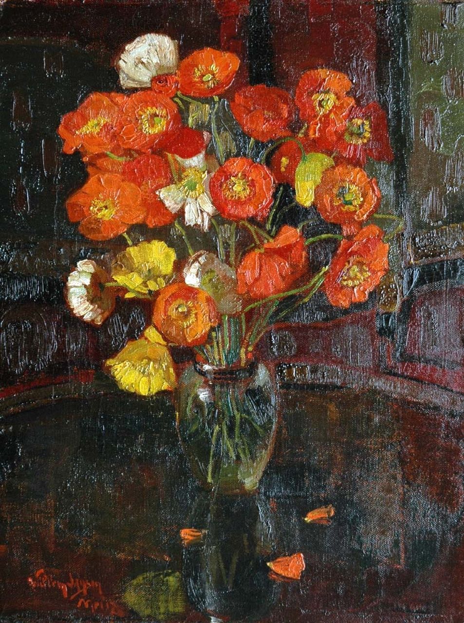 Jansen W.  | Willem Jansen, A still life with poppies, oil on canvas 44.7 x 34.5 cm, signed l.l. and painted in May '17