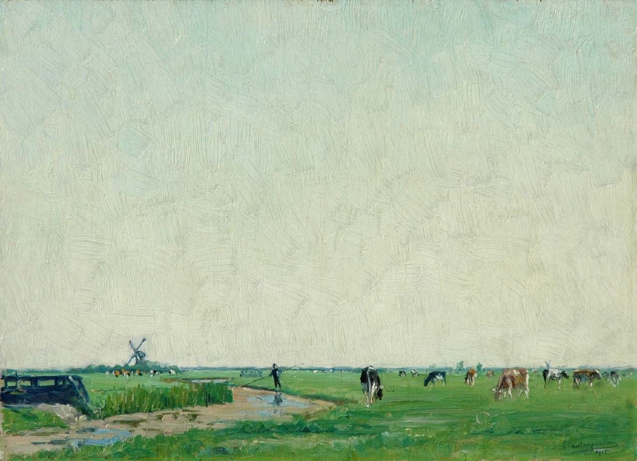 Tongerloo F. van | Frans van Tongerloo, A polder landscape with cattle, oil on panel 25.1 x 35.2 cm, signed l.r. and painted 1915