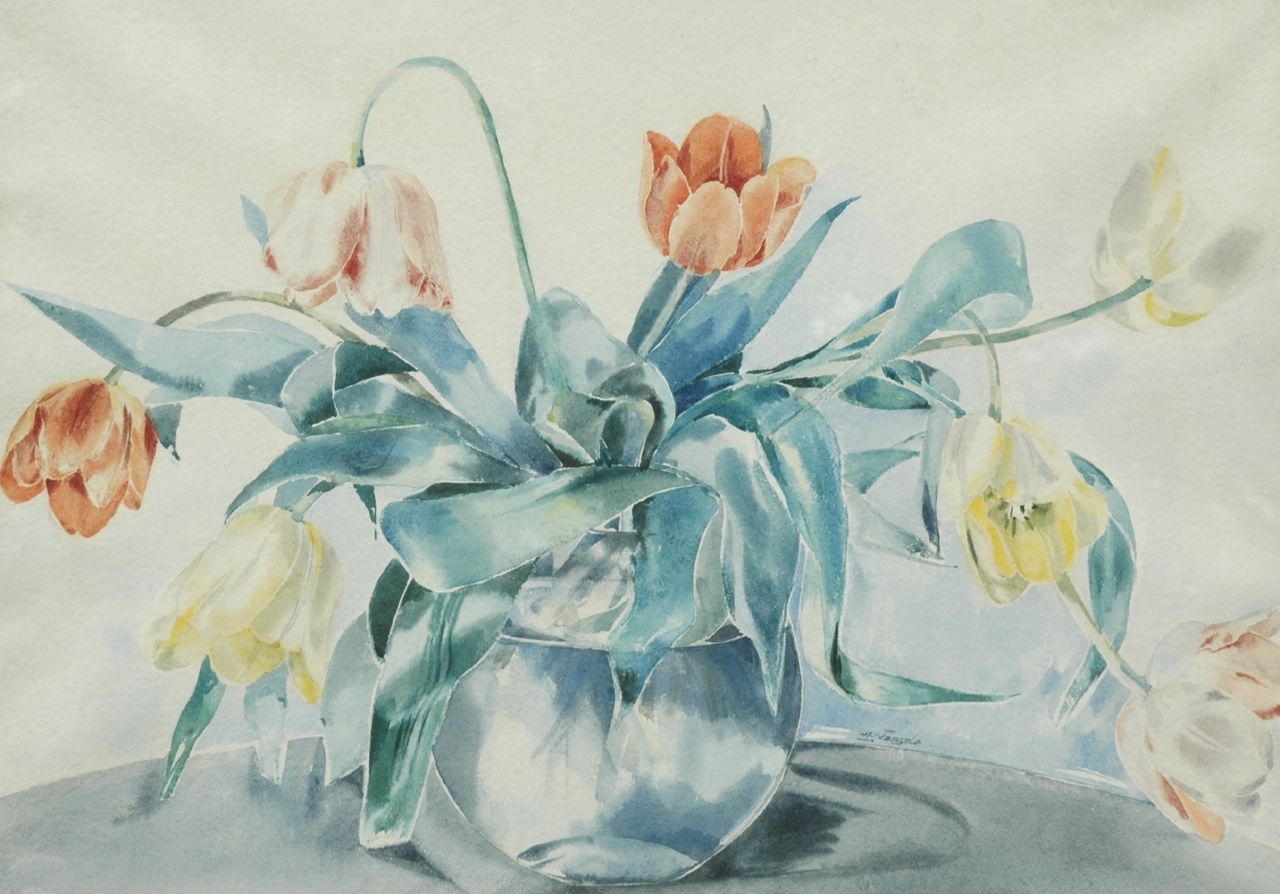 Alfred Naegele | A flower still life with tulips, watercolour on paper, 44.0 x 54.0 cm