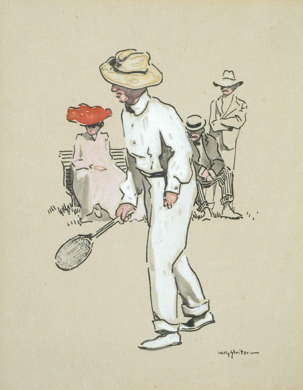 Sluiter J.W.  | Jan Willem 'Willy' Sluiter, The tennis player, ink, chalk and watercolour on paper 27.0 x 21.0 cm, signed l.r.