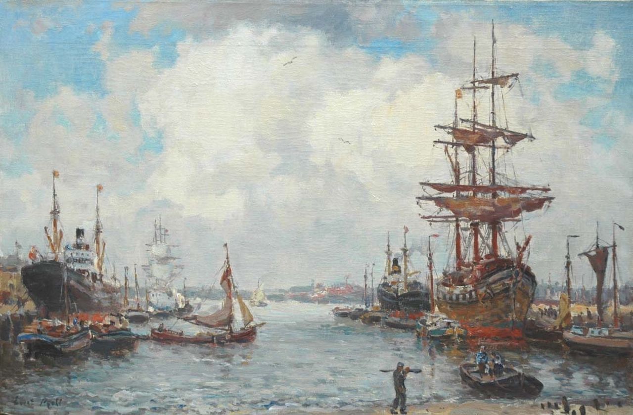 Moll E.  | Evert Moll, A harbour view with three-masters and steamers, oil on canvas 40.1 x 60.7 cm, signed l.l.