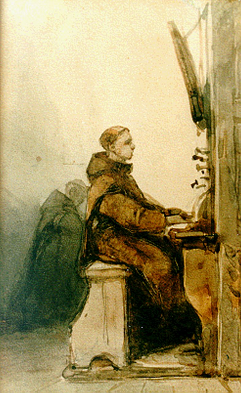 Bosboom J.  | Johannes Bosboom, The organist, watercolour on paper 13.8 x 8.4 cm, signed l.r.